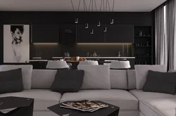 Black kitchen in the living room interior