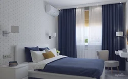 Дызайн спальні з сінімі шторамі фота