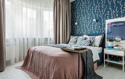 Bedroom design with blue curtains photo