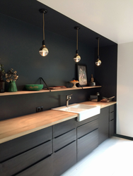 Loft kitchen design without upper cabinets