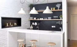 Loft kitchen design without upper cabinets