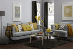Mustard-colored sofa in the living room interior