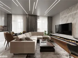 Дизайн потолка в гостиной со световыми линиями
