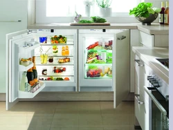 Built-in refrigerator in the kitchen interior photo