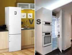 Built-in refrigerator in the kitchen interior photo