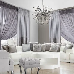 Curtains in a white-gray living room interior