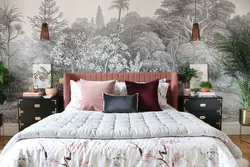 Wallpaper with feathers in the bedroom interior