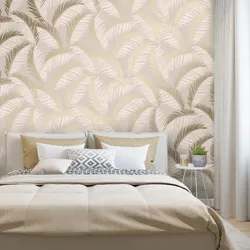 Wallpaper with feathers in the bedroom interior