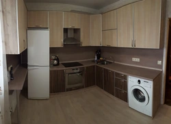 Corner Kitchen Design With Refrigerator And Washing Machine Photo