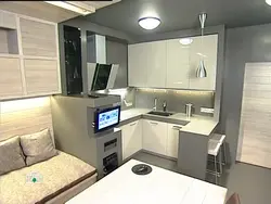 Kitchen 14 sq m design with TV