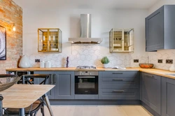 Corner gray kitchens with wood photo