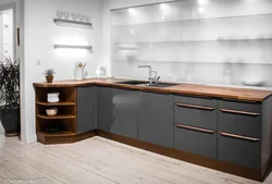 Corner gray kitchens with wood photo