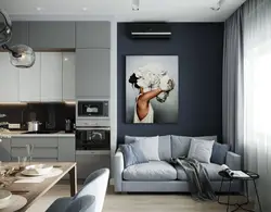 Kitchen interior with sofa and TV photo