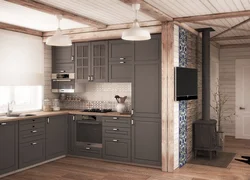 Corner gray kitchens with wood photo