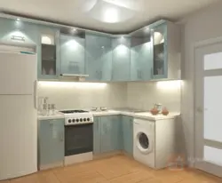 Layout in a small kitchen with a refrigerator and washing machine photo