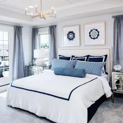 Blue bed in the bedroom interior photo