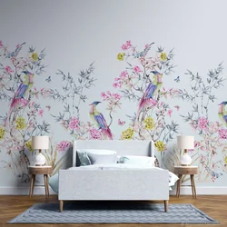 Wallpaper with birds in the bedroom interior