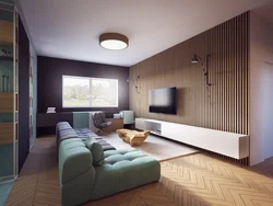 TV wall design in the living room with slats