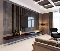 Дизайн стены с телевизором в гостиной с рейками