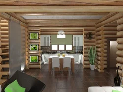 Interior of a wooden house kitchen living room