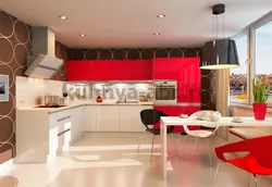 Red and white kitchen in the interior
