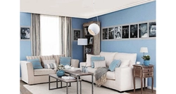 What colors go with blue-gray in the living room interior