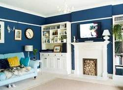 Blue walls in the living room interior photo