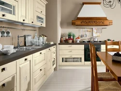 Bright kitchen with wooden countertop and apron in the interior