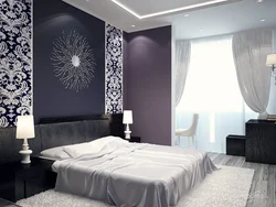 Gray photo wallpaper in the bedroom interior