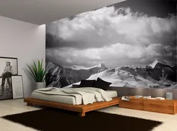Серые фотообои в интерьере спальни