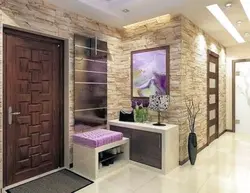 Hallway design with stone and wallpaper