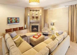 Living room design with one sofa and fireplace
