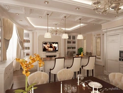 Chandelier in the kitchen living room in a modern style in the interior