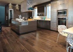 Dark brown floor in the kitchen interior