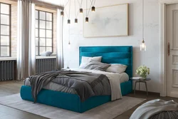Кровать синего цвета в интерьере спальни