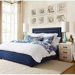 Blue bed in the bedroom interior