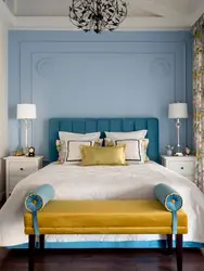 Blue bed in the bedroom interior