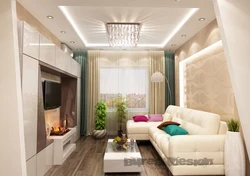 Design of a rectangular living room 17 sq m with a balcony photo