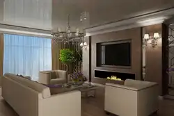Living room design 17 m with fireplace