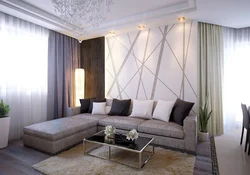Заманауи стильде қонақ бөлмесіндегі диванның артындағы қабырға дизайны