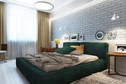 Green bed in the bedroom interior