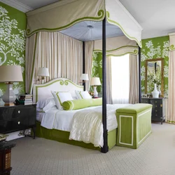Green bed in the bedroom interior