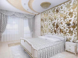 Bedroom design with gold wallpaper