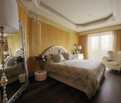 Bedroom design with gold wallpaper