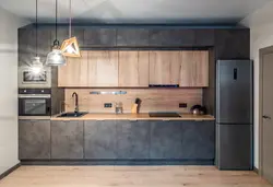 Kitchen graphite with wood in the interior photo design