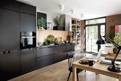 Kitchen graphite with wood in the interior photo design