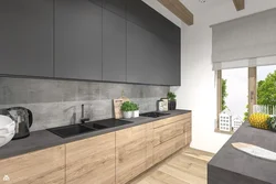 Kitchen graphite with wood in the interior photo design