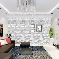 Combination of wallpaper and brick in the living room interior