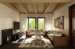 Living Room In A Wooden House Made Of Timber Interior Photo