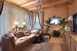 Living room in a wooden house made of timber interior photo